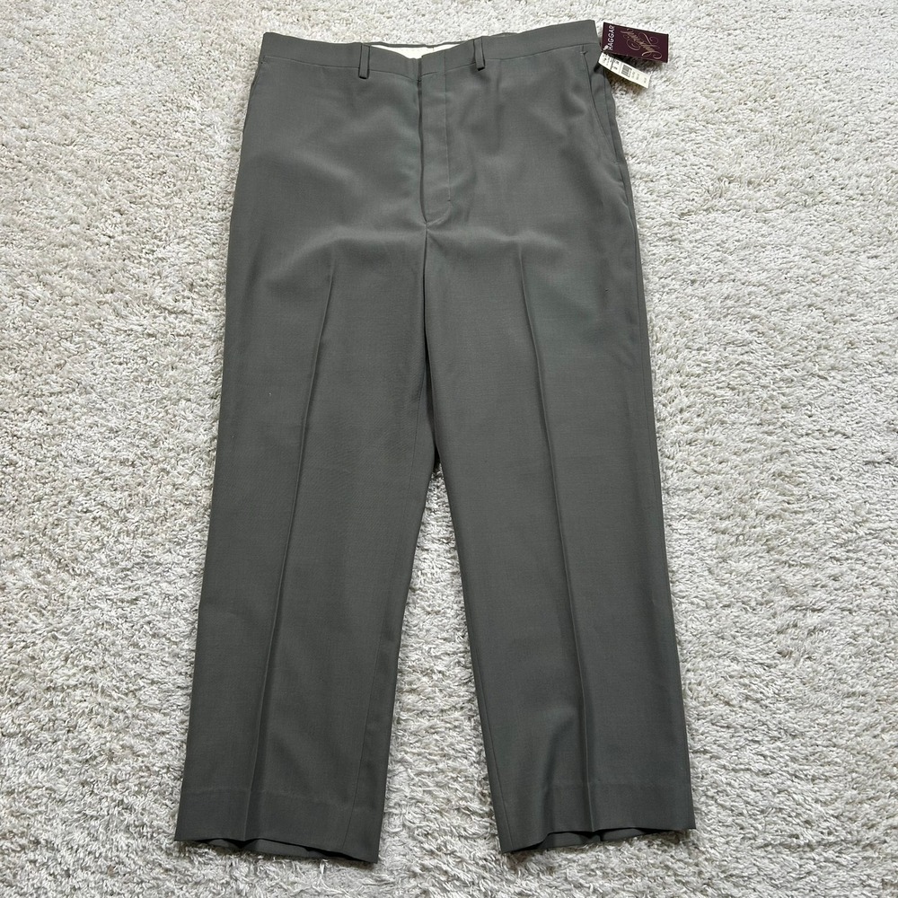 Haggar Imperial Dress Pants 36X27 Olive Green Wool Blend Flat Front USA Made New